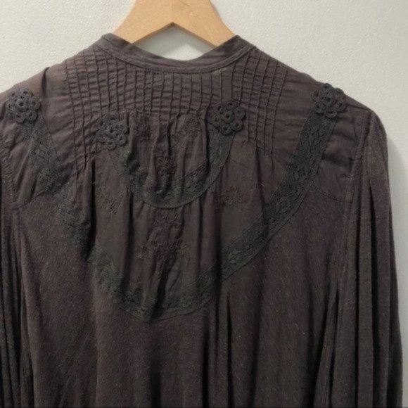 Free People Black Anthracite Peasant Blouse Bell Sleeve Flowy Top Boho Grunge - Picture 3 of 11